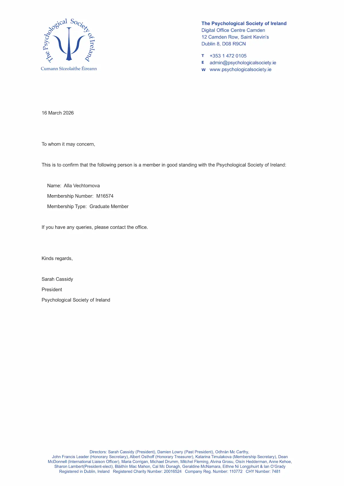 Home Психолог онлайн Алла Вечтомова - сертификат членствоа в ассоциации психологов Ирландии (PSI)